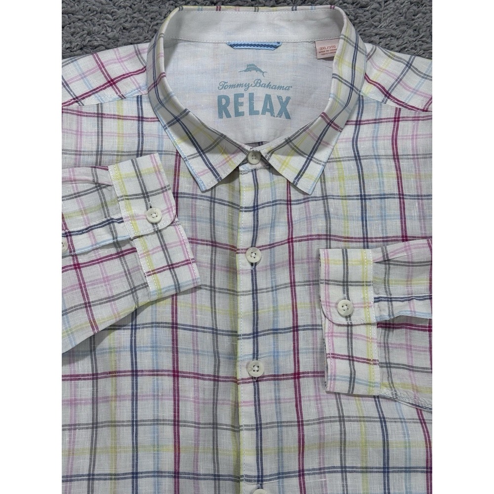 Tommy Bahama Linen Shirt Mens 3XL Multicolor Plaid LS Relax Hawaiian Button Up